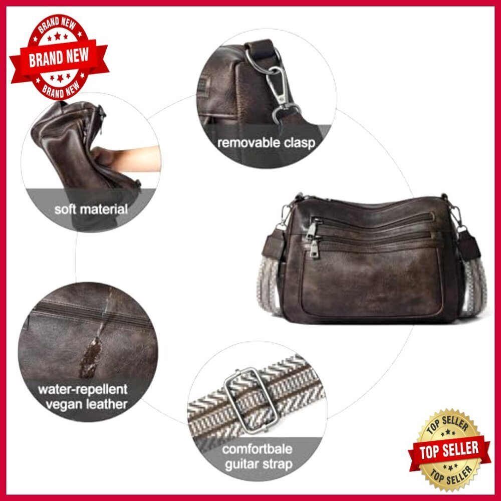 Medium Large Vegan Leather Crossbody Bag with Adjustable Strap, Multiple Pockets - Picture 5 of 7